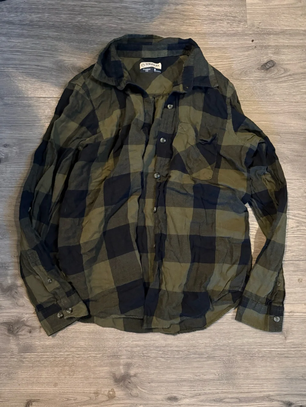 Magellan Outdoors Olive and Black Plaid Casual Button-Down Shirt